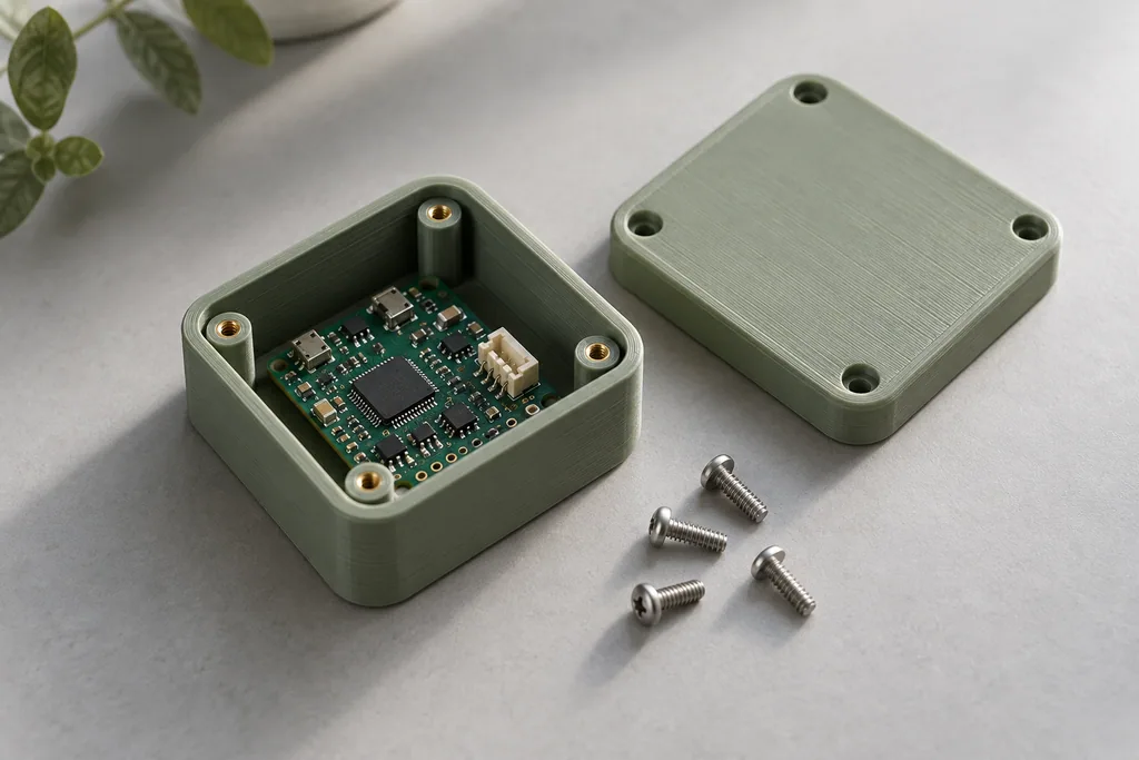 Printed enclosure with its lid and circuit board